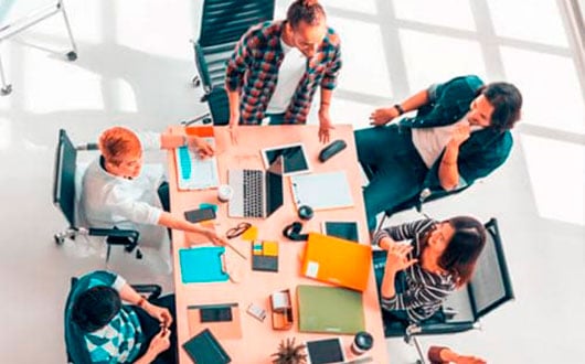 Equipo de trabajo usando Herramientas para Medir el Desempeño Organizacional Disc - Finxs